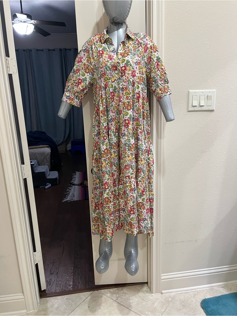 NATURAL LIFE Floral Cotton Midi Dress - White with Red, Pink, Yellow & Green